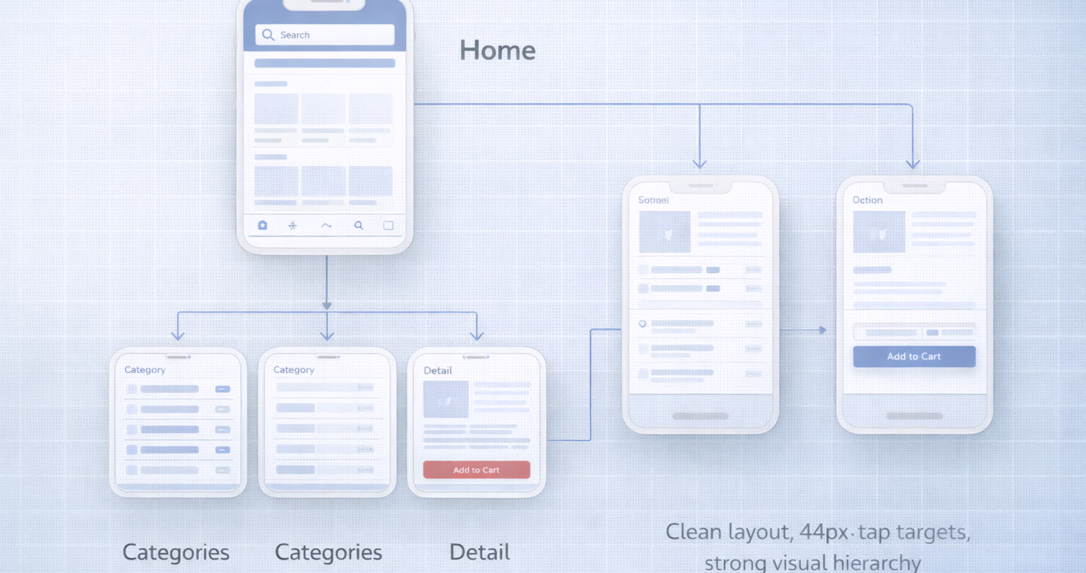 Mobile app information architecture diagram showing structured navigation and findability