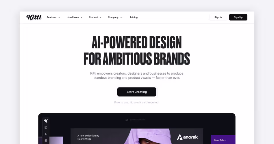 Kittl homepage screenshot, an AI-powered design tool for typography, branding, and merch design