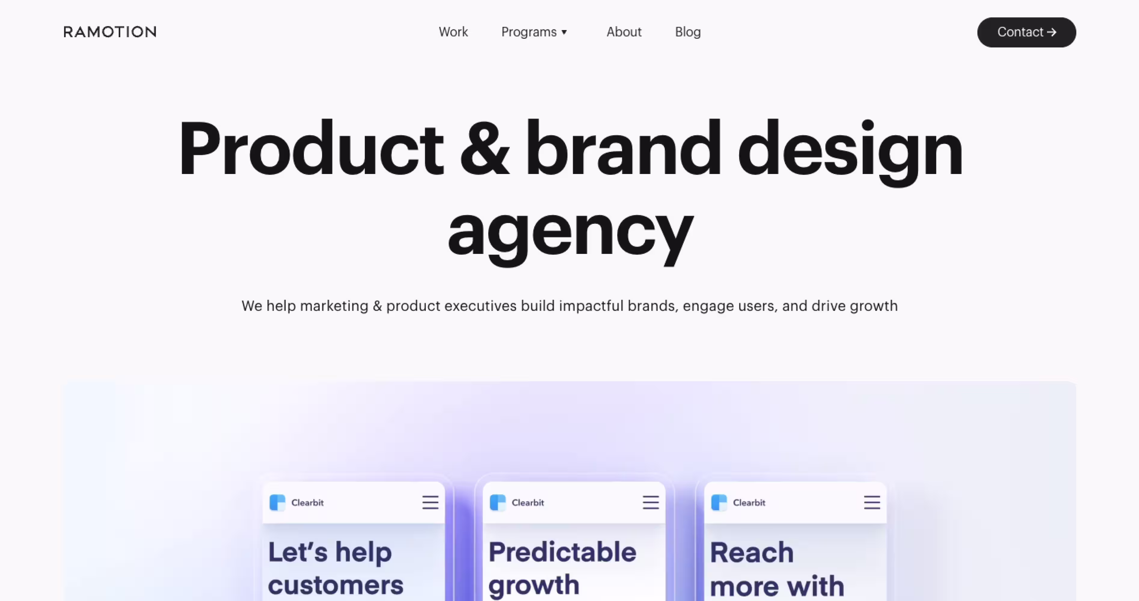 Ramotion website homepage highlighting product and brand design services for digital products