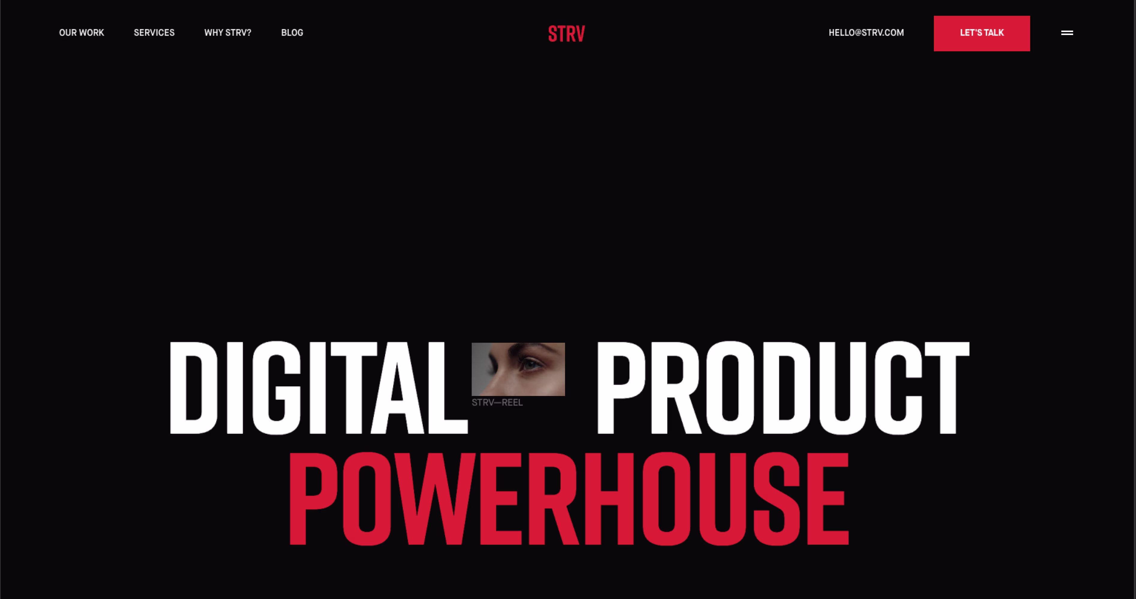 STRV homepage showcasing a digital product powerhouse with bold black and red branding