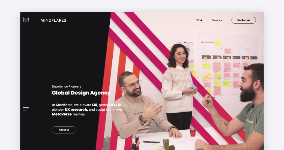 MindFlareS homepage screenshot, a customer experience and UI/UX consultancy for banking, insurance, and enterprise fintech in Dubai