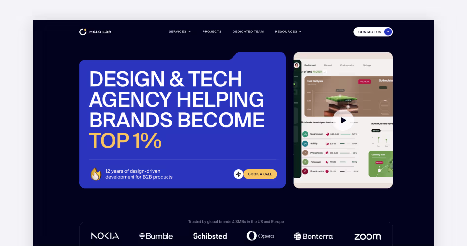 Halo Lab homepage screenshot, a UI/UX design and development agency with a Dubai office serving fintech and SaaS startups