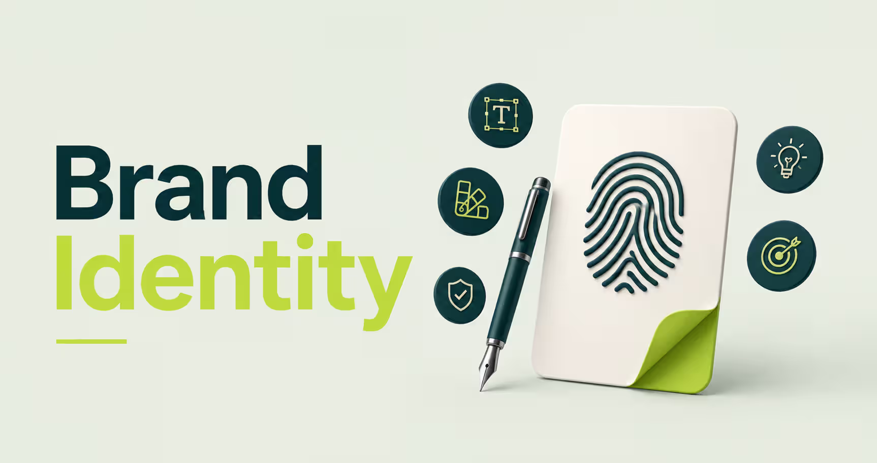Brand identity illustration showing the core visual and verbal elements including typography, color palette, logo, brand voice, and design system that create a recognizable and consistent brand experience.