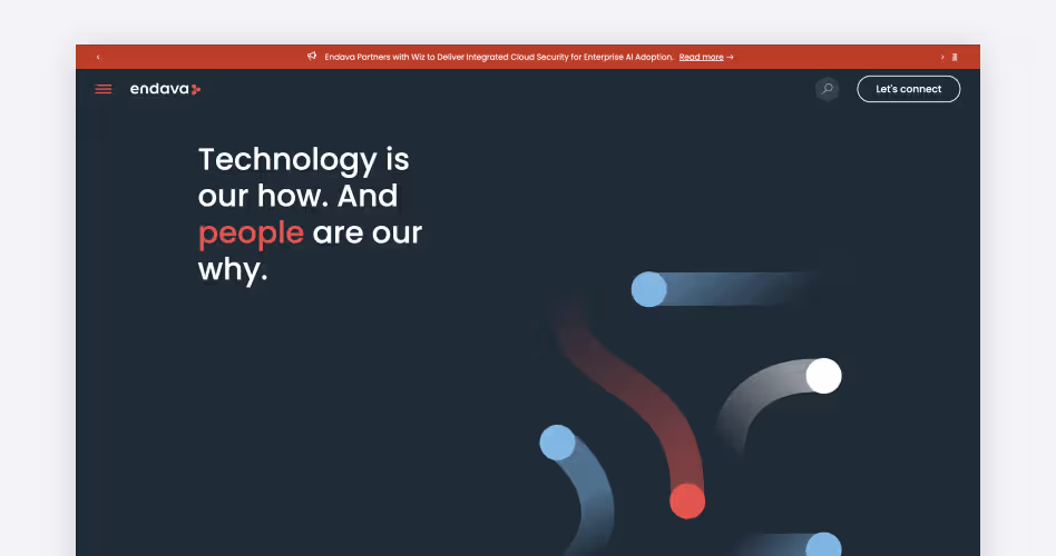 Endava homepage screenshot, a global software development company for financial services and enterprise legacy system modernization