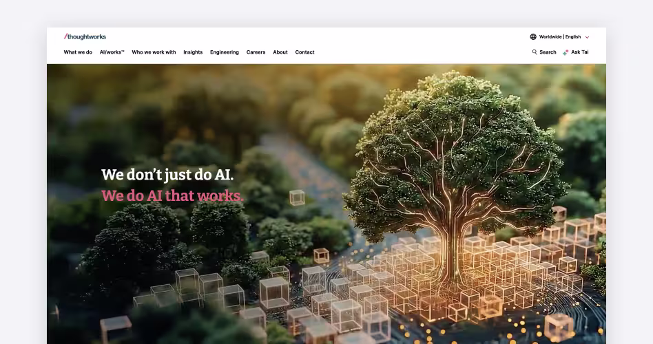 Thoughtworks homepage screenshot, a global software development consultancy specializing in enterprise modernization and agile transformation