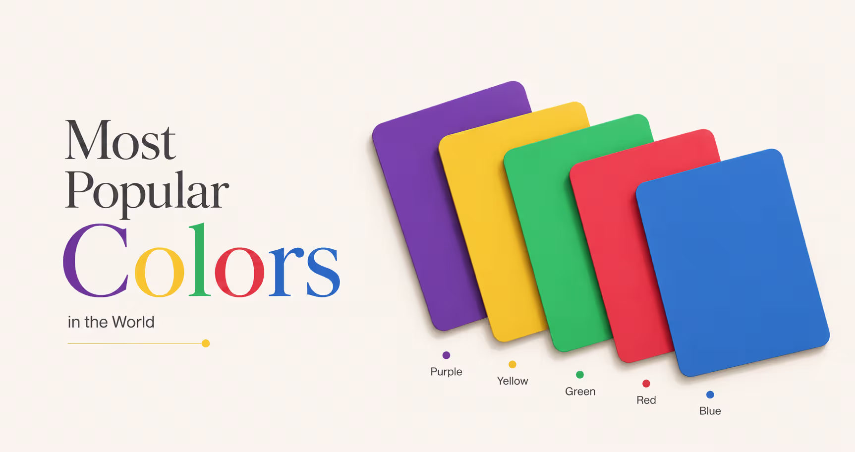 Illustration of the world's most popular colors featuring blue, red, green, yellow, and purple color cards with modern visual design and color psychology concepts.