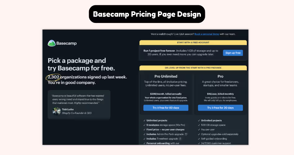Basecamp pricing page design example highlighting simplified SaaS pricing structure, plan selection, and conversion-focused UX.