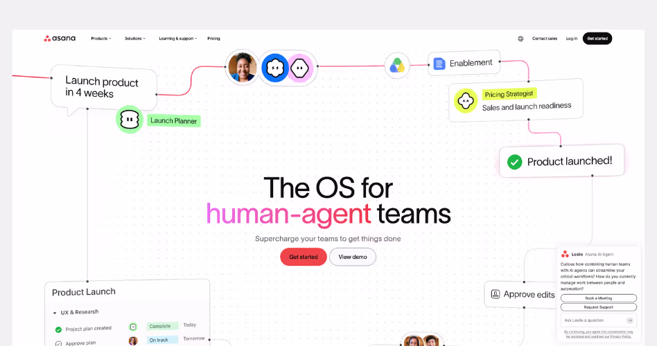 Asana SaaS website example demonstrating human-agent collaboration, workflow automation, and enterprise productivity.