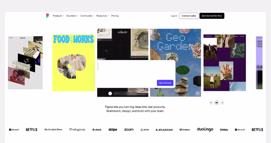 Figma SaaS website example showcasing collaborative design workflows, product ecosystems, and creative storytelling.