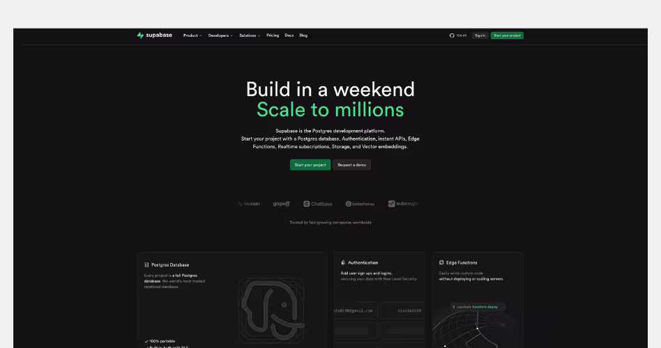 Supabase SaaS website example featuring developer-focused design, product ecosystem visualization, and technical credibility.