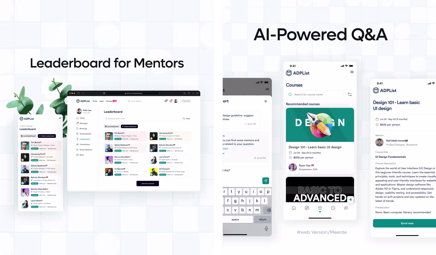 ADPList AI-powered interaction design by OrbitVex. showing mentor recommendations, guided messaging, and onboarding flow for mentorship platform