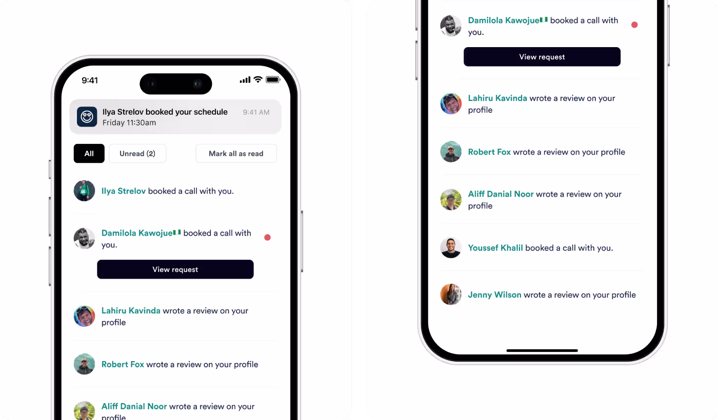 ADPList mobile app notification screens by OrbitVex. showing mentor booking requests, profile reviews, and call scheduling interface for professional mentorship