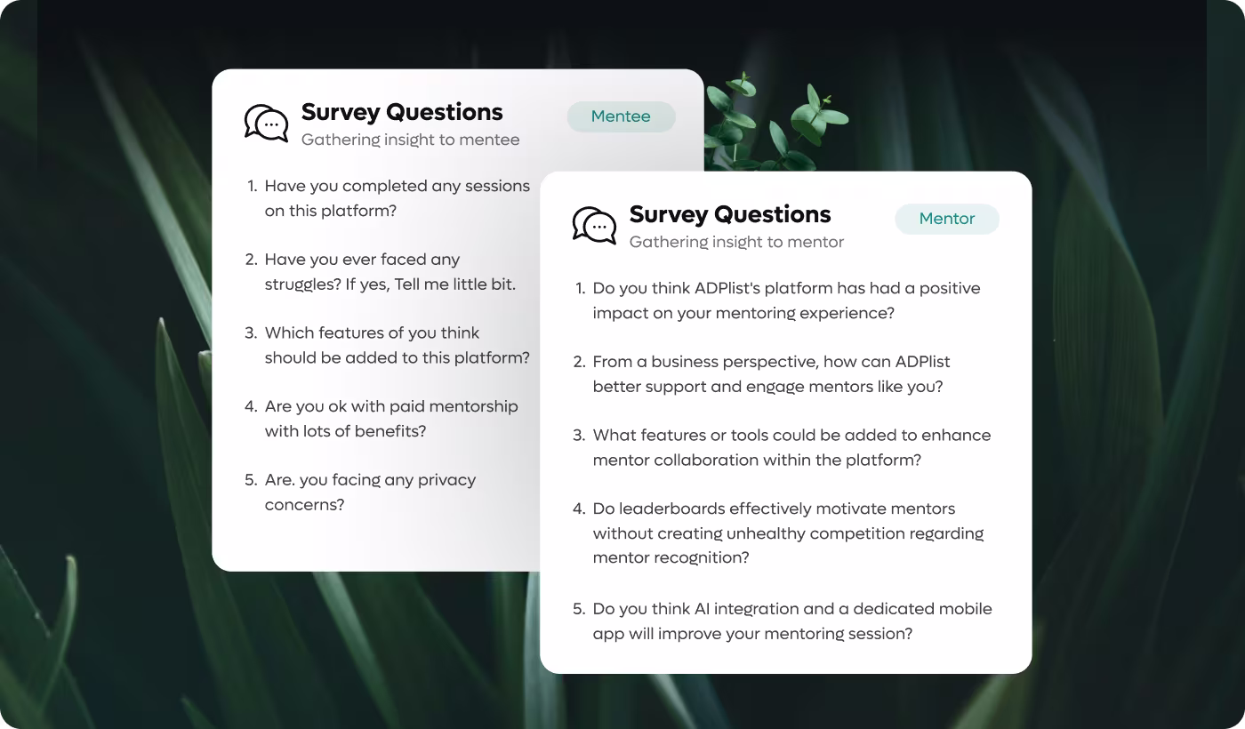 OrbitVex. experience design process for ADPList showing guided AI interactions, mentor discovery, and mobile consistency improvements