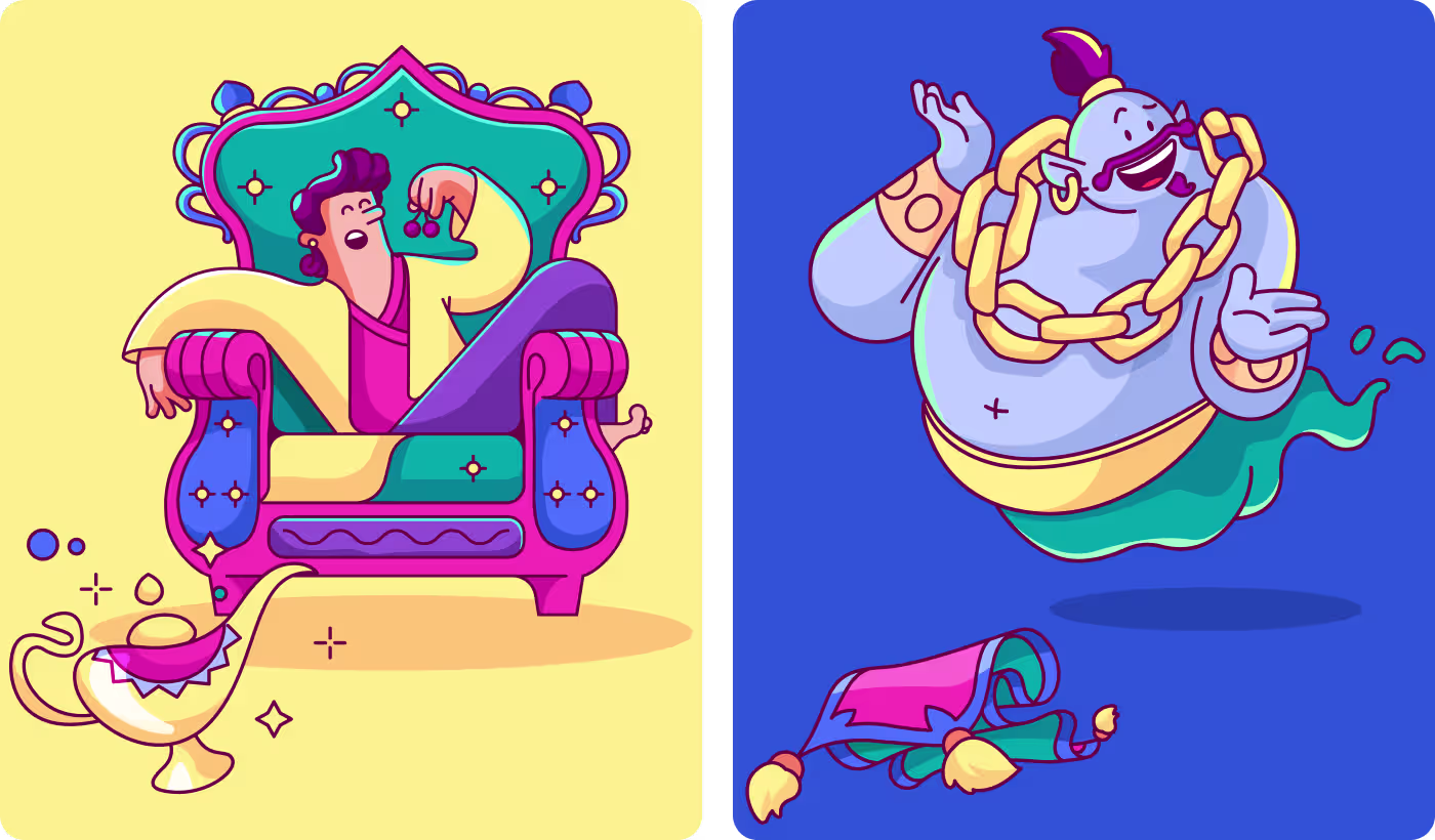 Genie character illustration with cluttered background before redesign by OrbitVex.