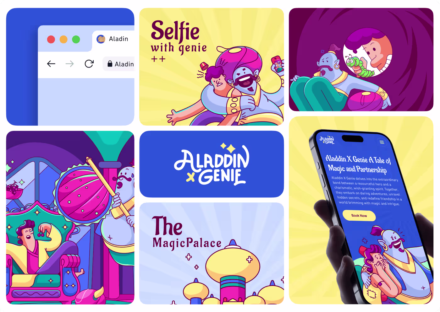 Aladdin and Genie redesigned with expressive emotions and clean backgrounds by OrbitVex.