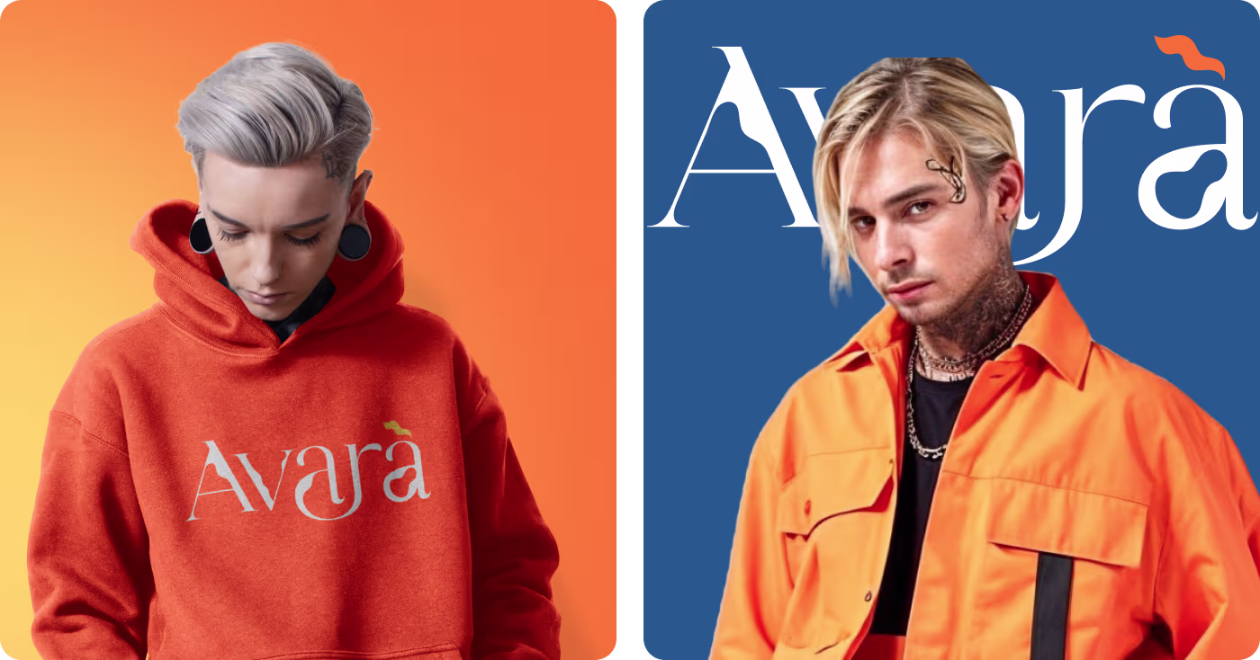 Avara fashion brand models wearing orange jackets with logo by OrbitVex.