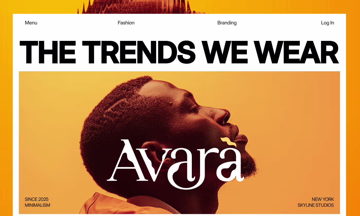 Avara high-contrast fashion branding homepage banner by OrbitVex.
