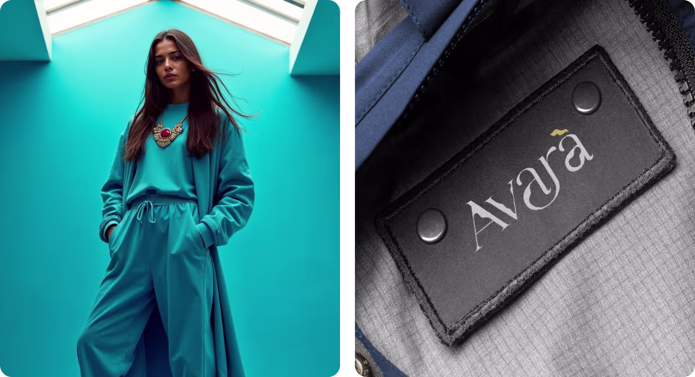 Avara fashion brand model wearing teal outfit with product tag design by OrbitVex.