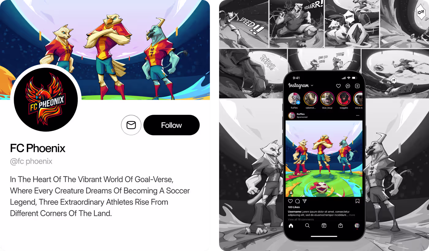 FC Phoenix solution by OrbitVex. featuring complete team branding with stadium backdrops, logos, and matching social media layouts
