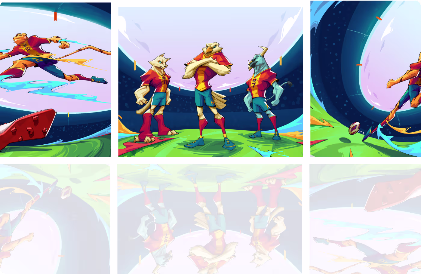 OrbitVex. case study showing FC Phoenix design challenge of capturing dynamic soccer action and unified team identity in animal character illustrations