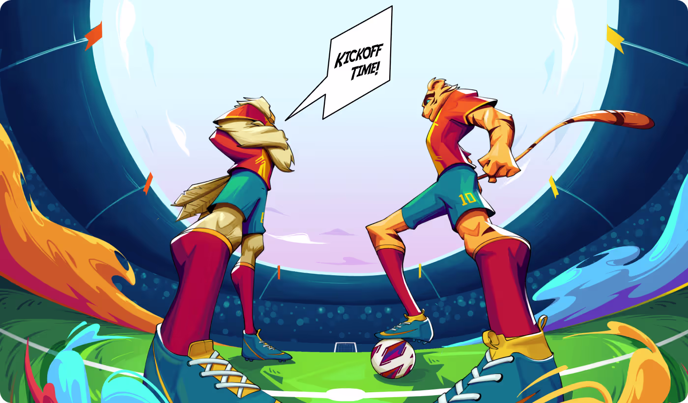 OrbitVex. solution for FC Phoenix combining hand-drawn pencil sketches with digital fire and electric color effects for powerful animal athlete characters