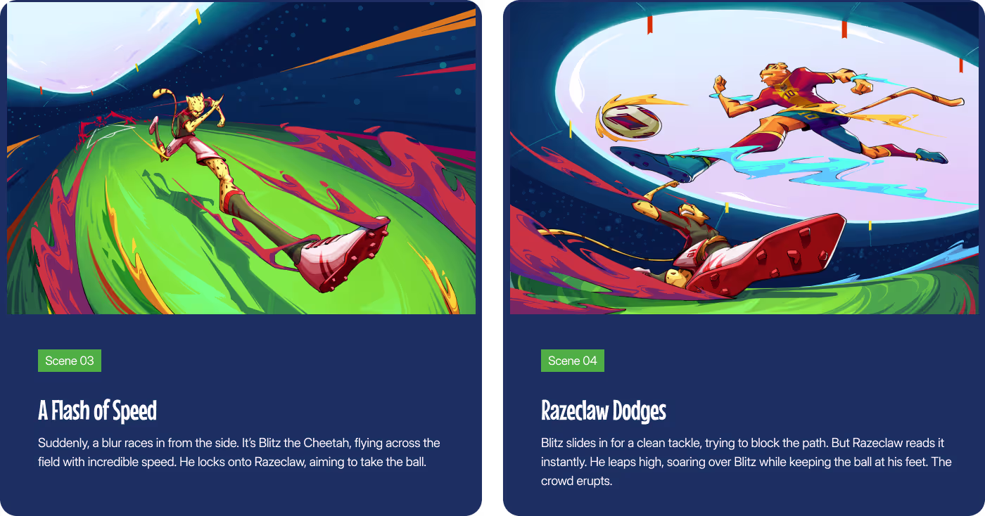 OrbitVex. visual storytelling for FC Phoenix displaying split-screen soccer action panels with running players, cleats, and dynamic ball movement