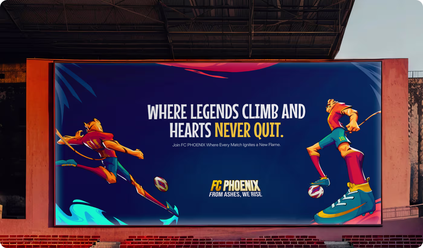 FC Phoenix stadium billboard design by OrbitVex. featuring animal soccer players in action with 'Where Legends Climb and Hearts Never Quit' tagline and 'From Ashes, We Rise' team motto