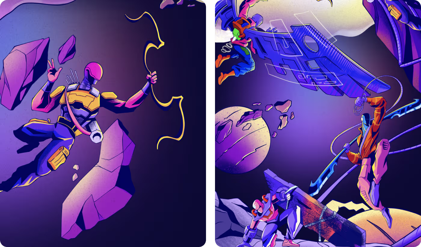 Cluttered space battle artwork background before refinement by OrbitVex.
