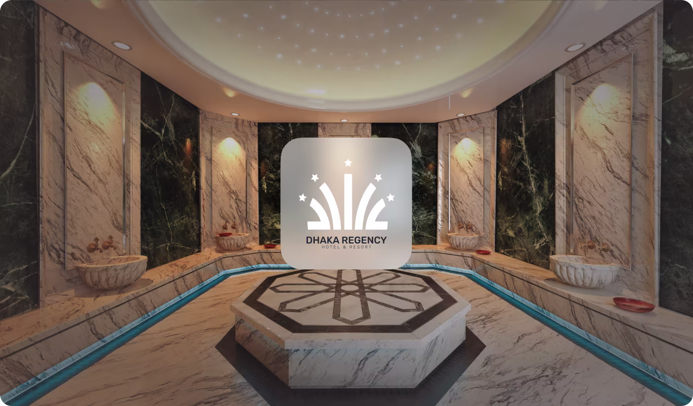 Dhaka Regency Hotel & Resort luxury spa and wellness center featuring prominent white star logo by OrbitVex. displayed on marble walls with ambient lighting and water features for premium five-star guest experience in Dhaka, Bangladesh