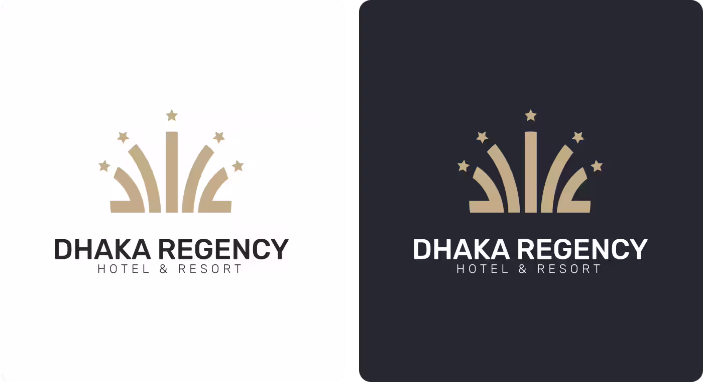 Dhaka Regency gold star logo variations designed by OrbitVex. in multiple design applications for premium five-star hotel branding in Dhaka