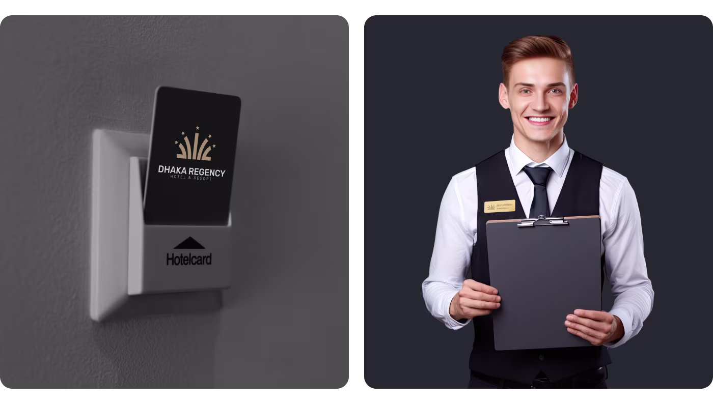 OrbitVex. brand touchpoints implementation for Dhaka Regency hotel showing gold logo applied to luxury keycards, signage, and resort materials in Bangladesh