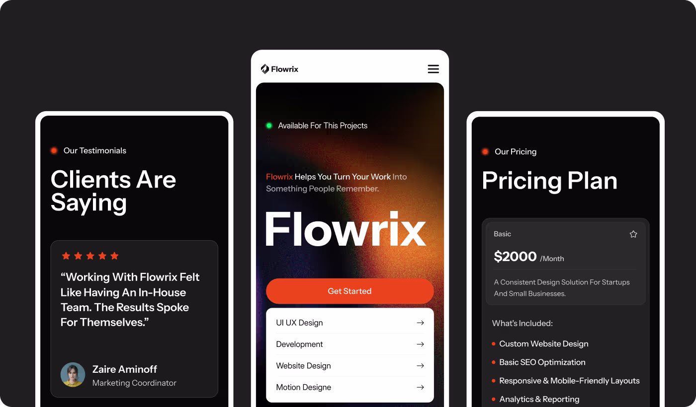 Simplified Flowrix website structure with improved content hierarchy and visual clarity by OrbitVex.