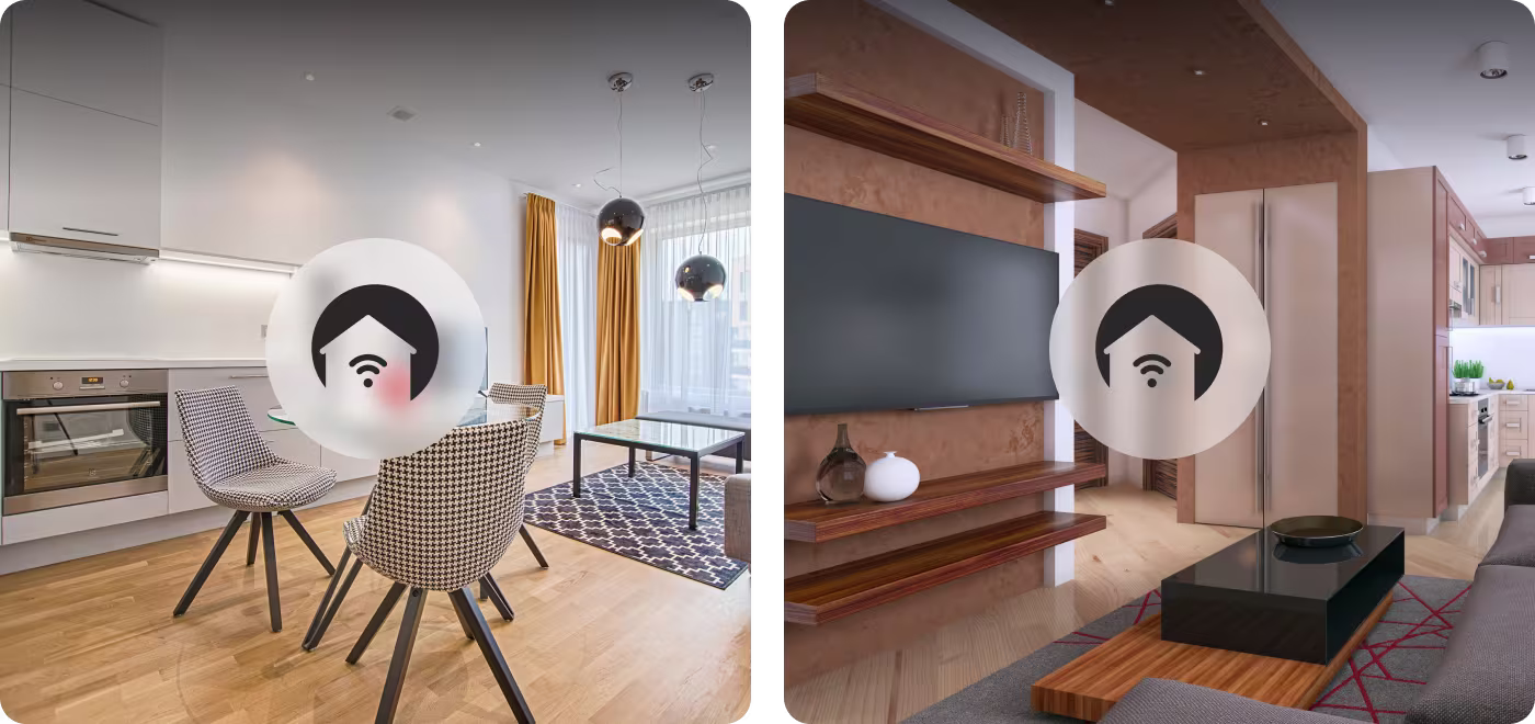 Gen.ho smart home branding by OrbitVex. featuring app icon overlay on modern kitchen and living room interiors with wooden furniture and smart connectivity