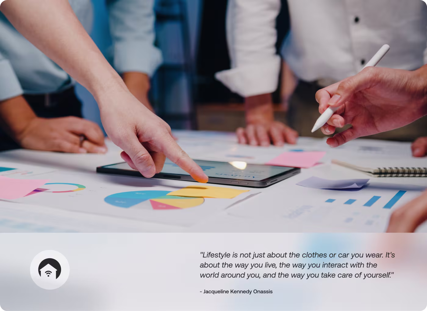 OrbitVex. design team collaboration for Gen.ho showing tablet analytics review with charts and sticky notes, paired with lifestyle quote on smart home living