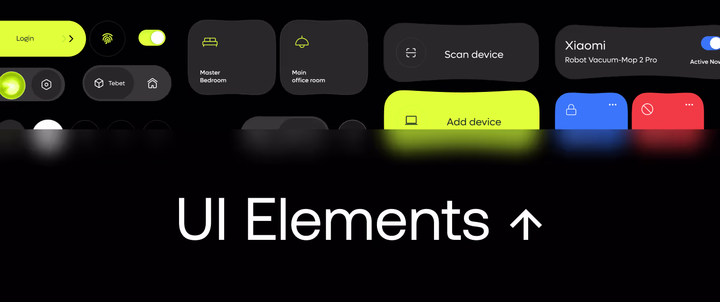 Gen.ho smart home app UI elements by OrbitVex. showing black and neon green component library with device cards, toggles, and room selectors