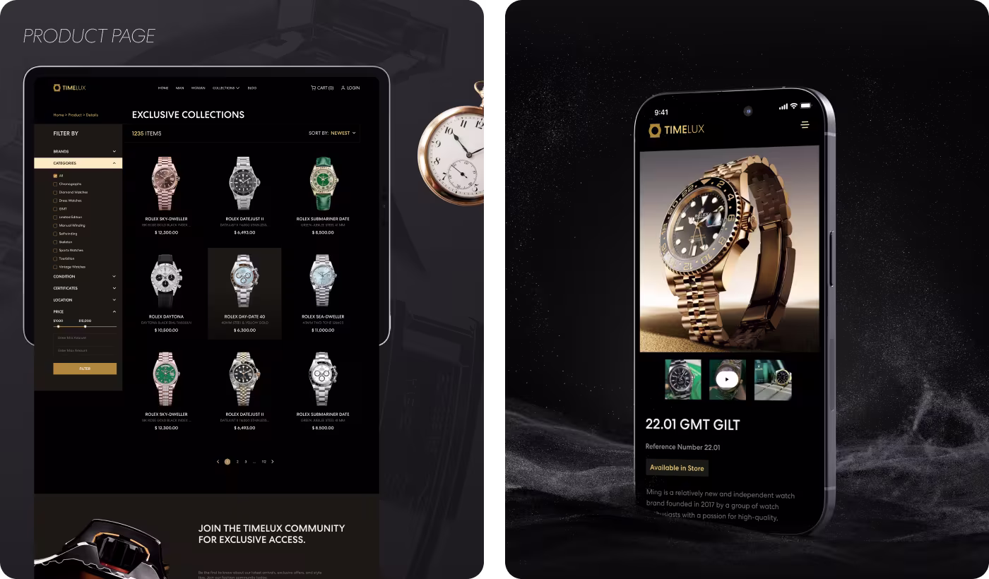 OrbitVex. collection browsing design for TIMELUX showing simplified navigation for comparing luxury watch products and details