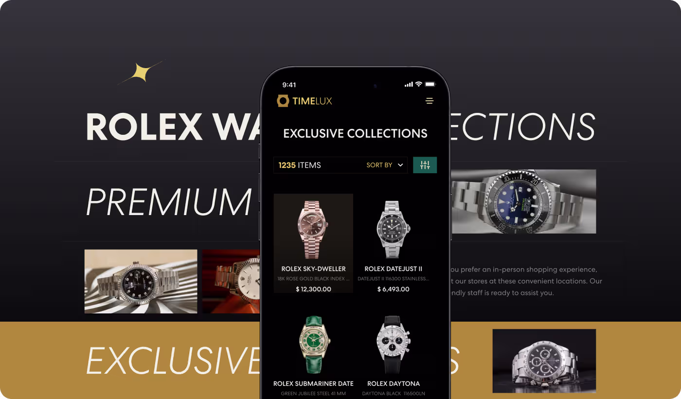 OrbitVex. design process for TIMELUX showing research, website structure reorganization, and navigation simplification for luxury watch shopping
