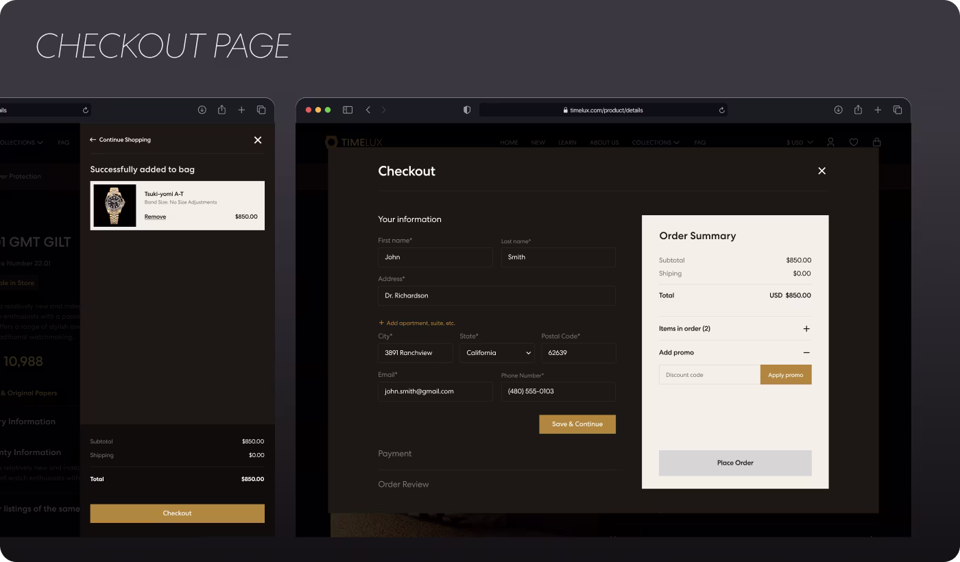 TIMELUX checkout page design by OrbitVex. showing shopping cart summary, order details, and payment form for luxury watch purchase confirmation