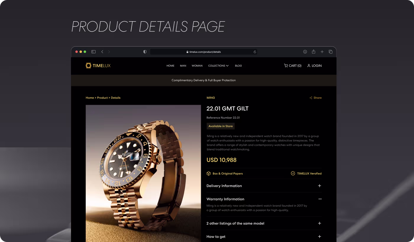 TIMELUX mobile shopping experience by OrbitVex. showing optimized product galleries and simplified checkout interactions for luxury purchases