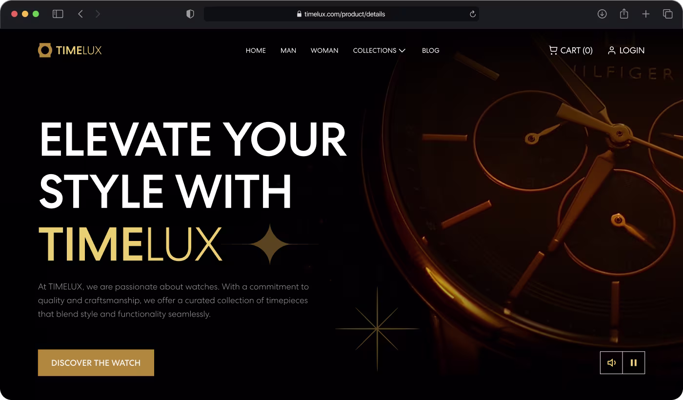 OrbitVex. solution for TIMELUX featuring simplified product layouts, darker interface, gold accents, and smoother checkout flow for luxury e-commerce