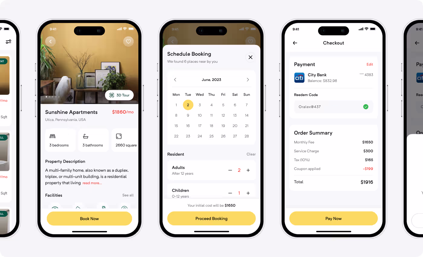 Orelax mobile app UI design by OrbitVex. featuring property detail page, schedule booking calendar, and checkout payment screens for real estate rental