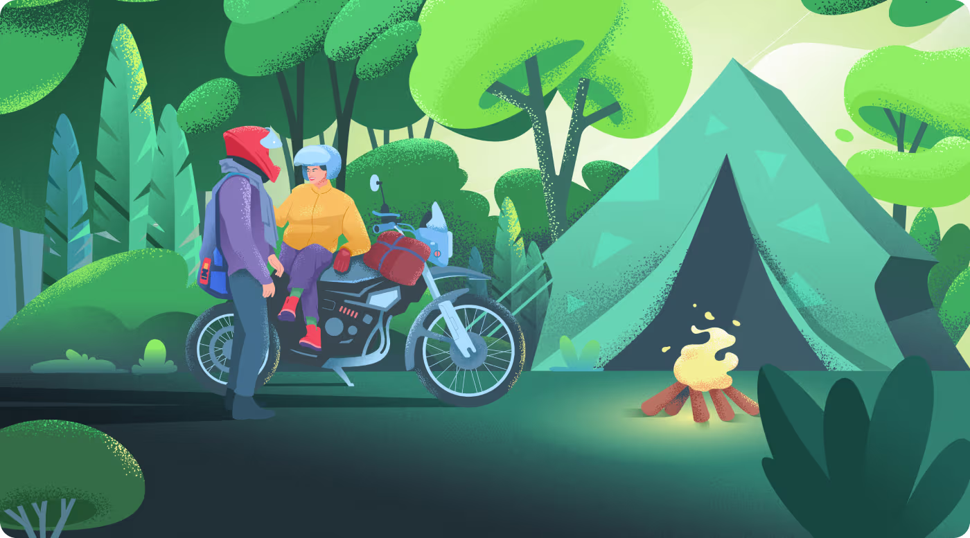 Relax Tour custom vector illustrations designed by OrbitVex. showing cyclists, campers, and outdoor community moments with warm lifestyle aesthetic