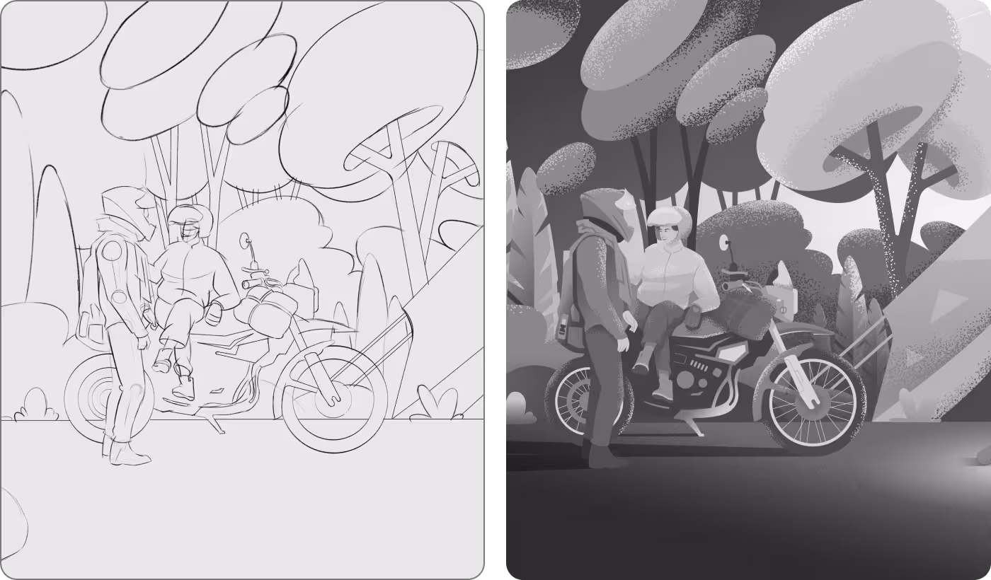 OrbitVex. creative process for Relax Tour showing sketching, shading, color application, and interface formatting steps for illustration system development