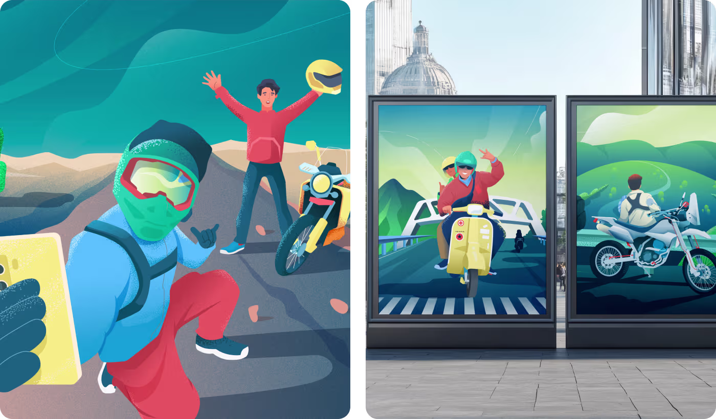 OrbitVex. case study showing flat, stiff bike tour illustration with overcrowded composition and heavy background elements limiting design flexibility