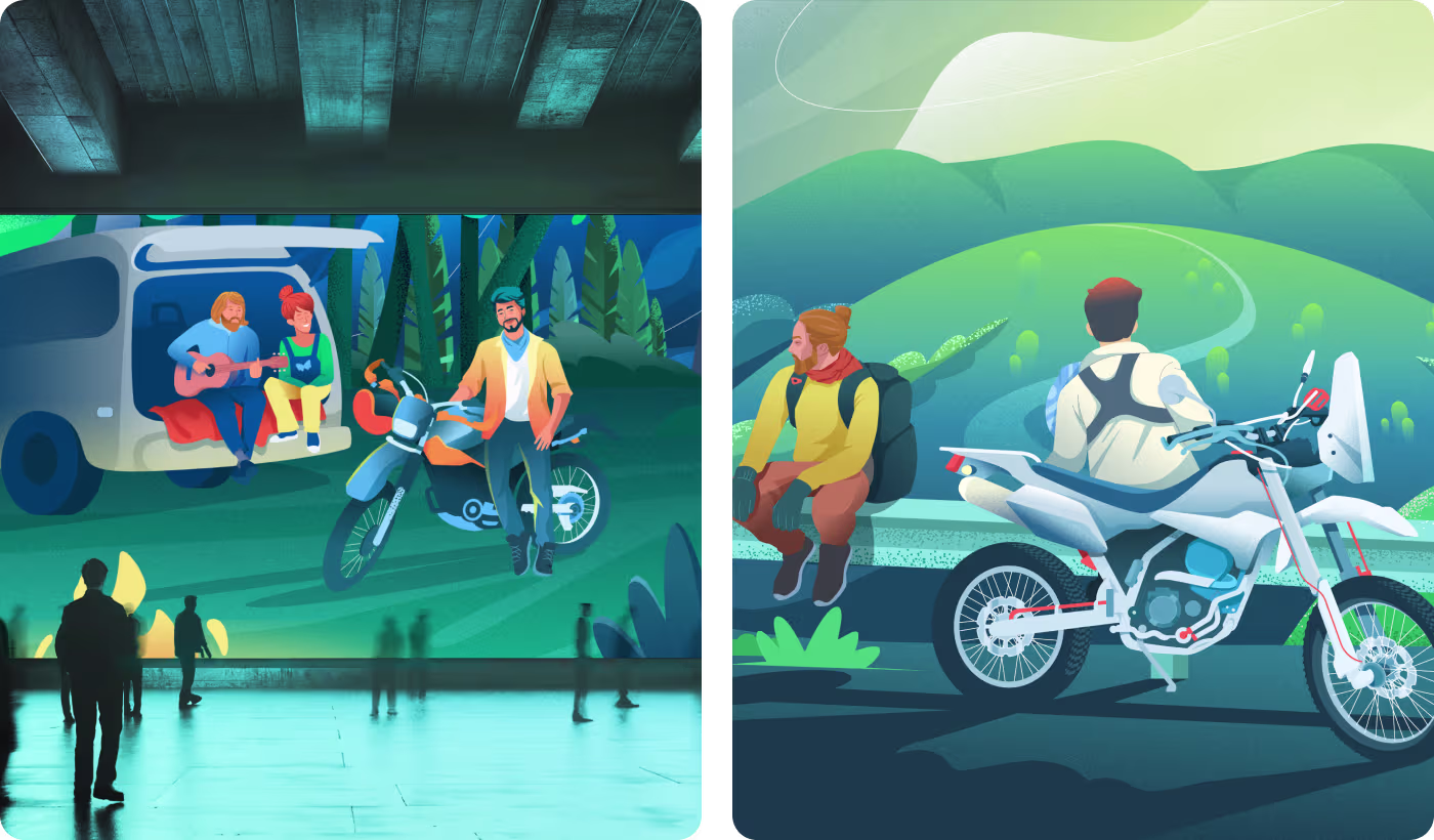OrbitVex. illustration art direction for Relax Tour displaying natural poses, character interactions, and simplified nature scenery for bike tour branding