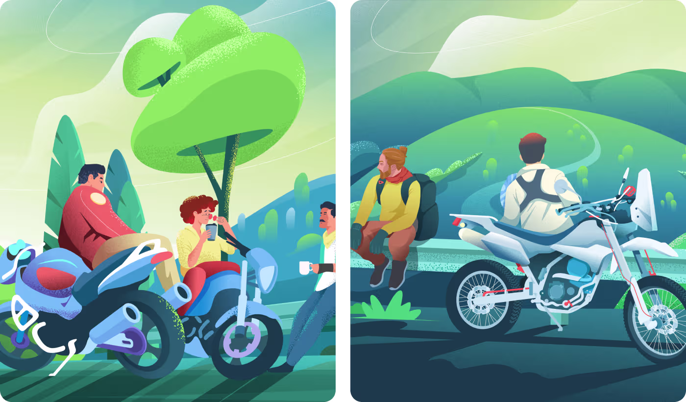 OrbitVex. custom illustration library for Relax Tour including bikes, tents, campfires, and community scenes in cohesive forest green and yellow outdoor branding