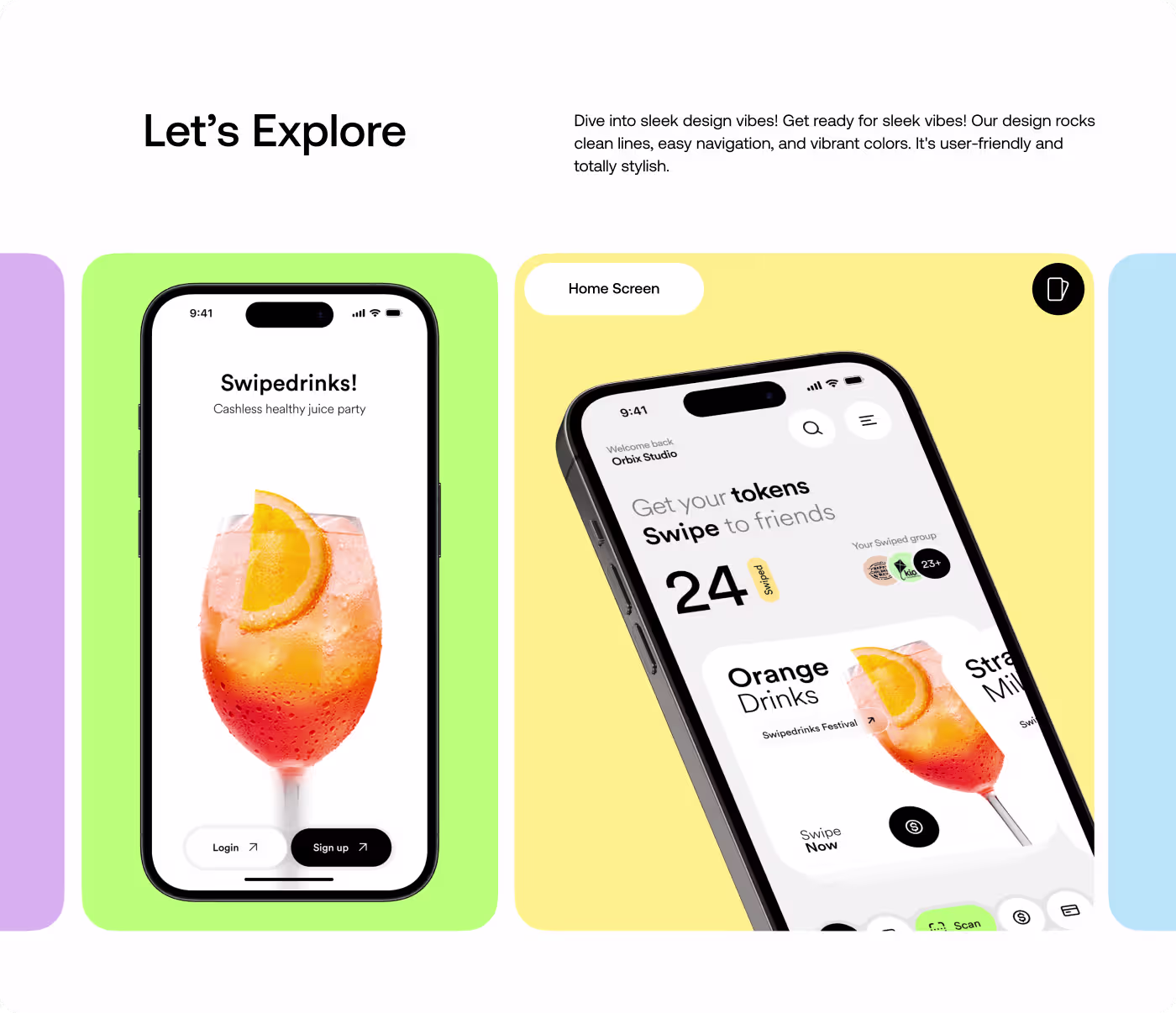 Swipe Drinks token system screen layout design by OrbitVex.