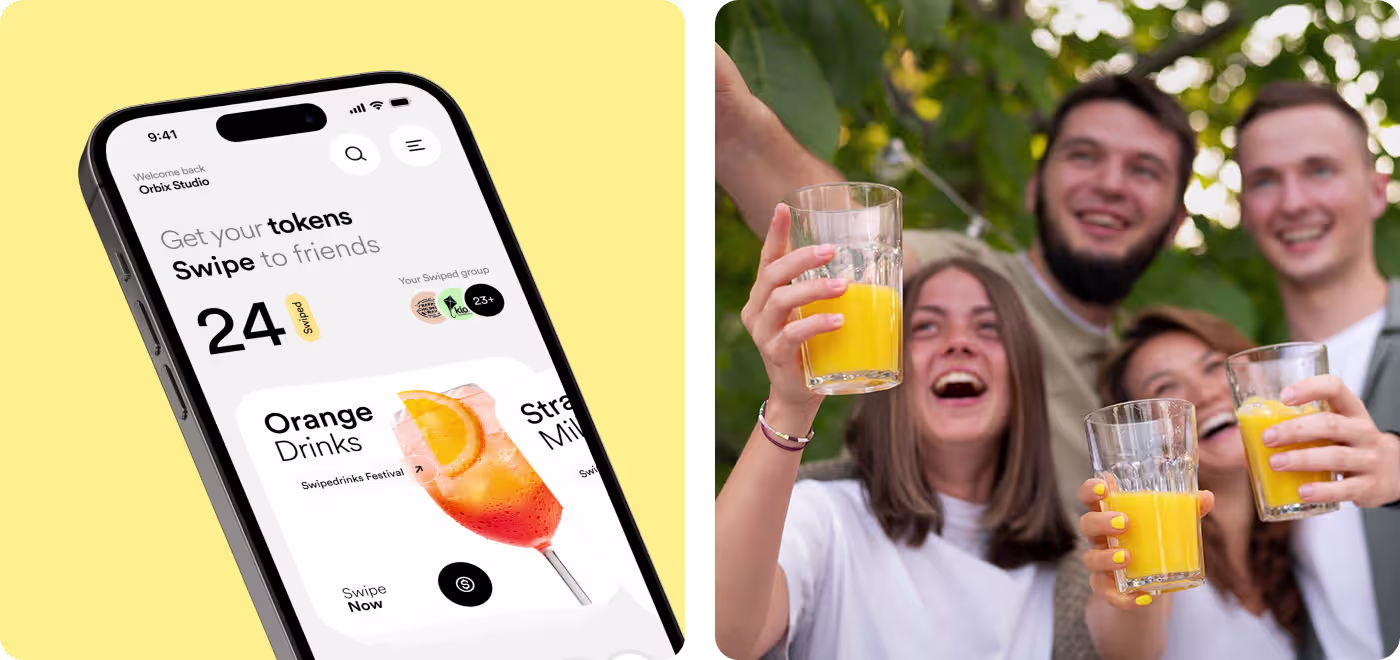 Swipe Drinks app onboarding and token purchase screen by OrbitVex.
