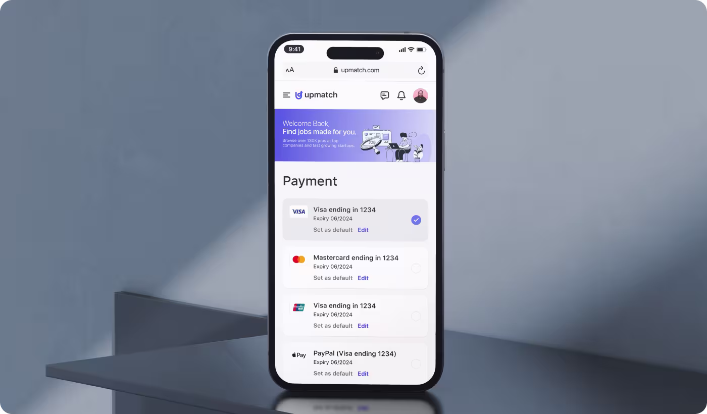 Upmatch job platform payment interface by OrbitVex. showing Visa, Mastercard, and PayPal payment method selection screen on mobile browser mockup