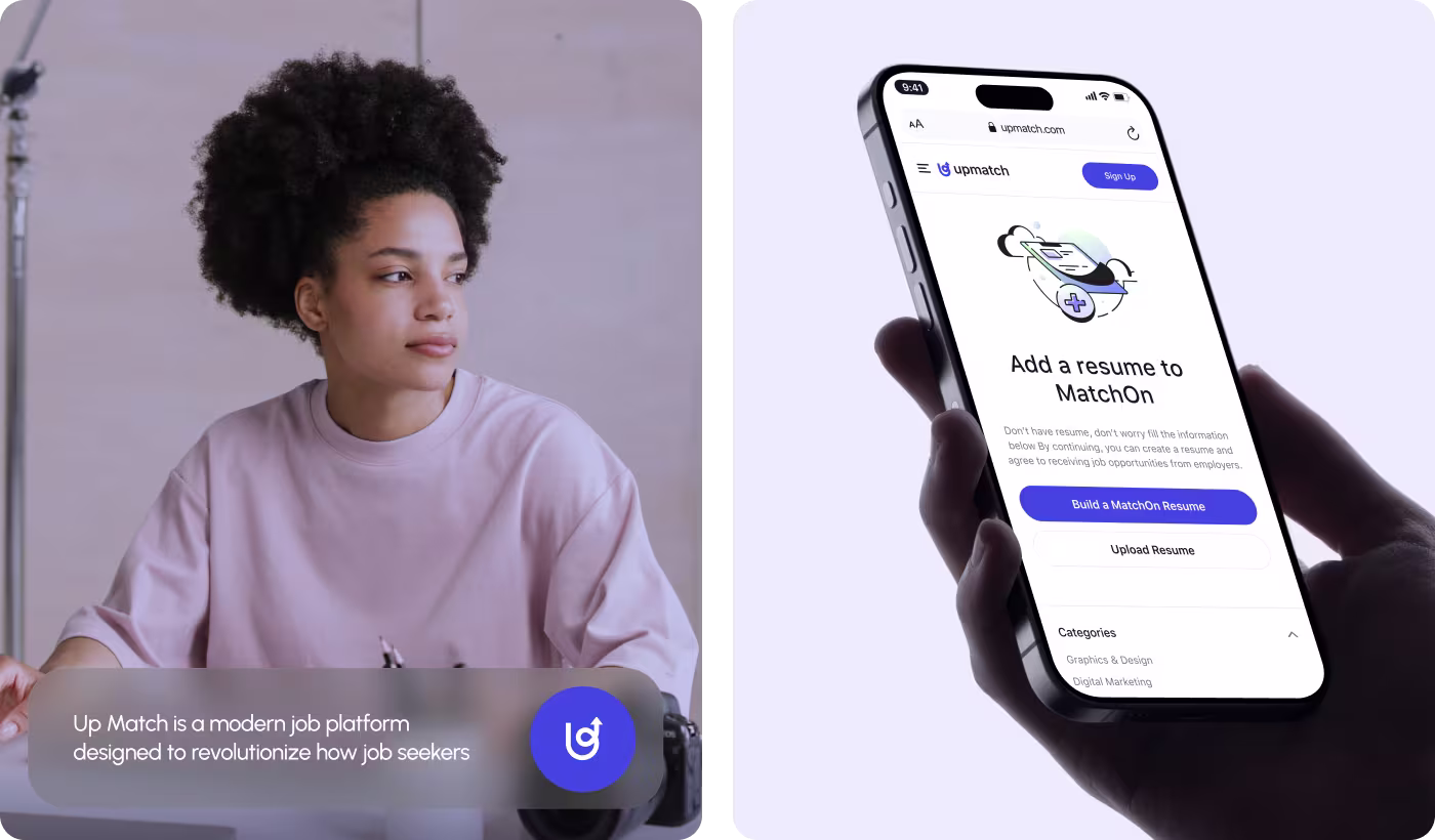 Upmatch brand video thumbnail and resume upload interface by OrbitVex. showing job seeker testimonial and MatchOn resume building feature for job platform